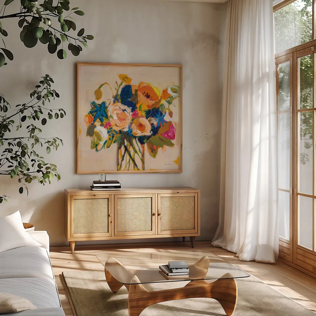 Boho Blooms by Pamela Munger. Shown in a natural wood frame in a cozy modern living room. Available as an archival giclee rolled canvas, fine art paper, or poster print. SKU 70540a.