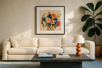 Boho Blooms by Pamela Munger. Displayed in a glass frame with matte in a clean modern living room. Available as an archival giclee rolled canvas, fine art paper, or poster print. SKU 70540a.