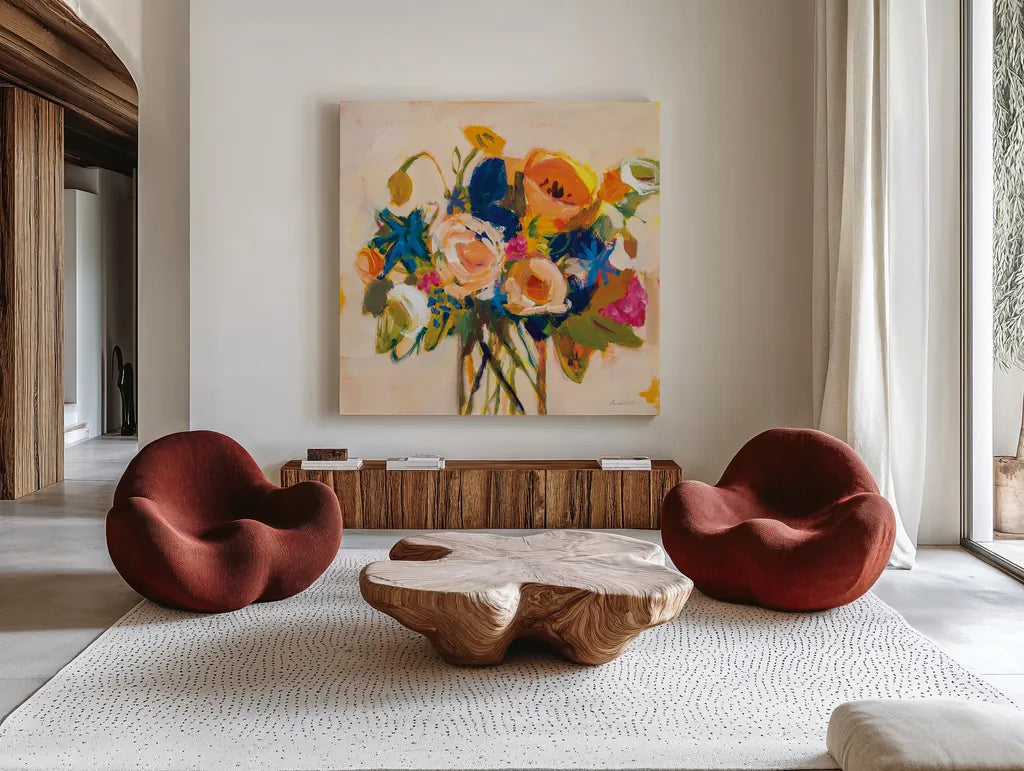 Boho Blooms by Pamela Munger. Shown as extra-large giant wall art in a modern living room. Available as an archival giclee rolled canvas, fine art paper, or poster print. SKU 70540a.