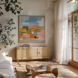 Bright Beginning by Pamela Munger. Shown in a natural wood frame in a cozy modern living room. Available as an archival giclee rolled canvas, fine art paper, or poster print. SKU 84599a.