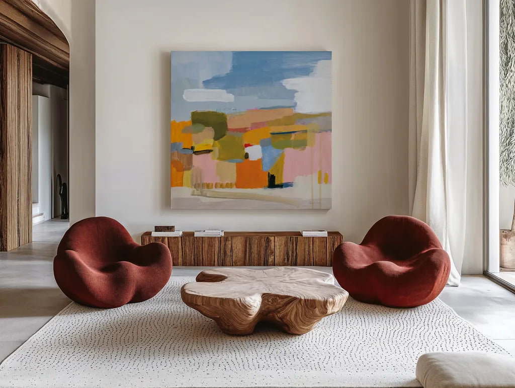Bright Beginning by Pamela Munger. Shown as extra-large giant wall art in a modern living room. Available as an archival giclee rolled canvas, fine art paper, or poster print. SKU 84599a.