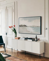 Calm Water Neutral by Pamela Munger. shown as a framed stretched canvas in a living room above a console. Available as a archival giclee rolled canvas, fine art paper, or poster print. SKU 73870i.
