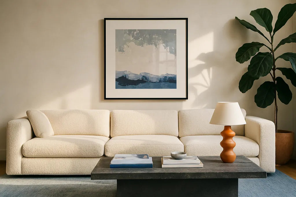 Coastal Landscape by Pamela Munger. Displayed in a glass frame with matte in a clean modern living room. Available as an archival giclee rolled canvas, fine art paper, or poster print. SKU 71989a.