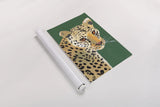 Colorful Cheetah on Emerald by Pamela Munger. shown as a rolled paper print. Available as archival giclee rolled canvas, fine art paper, or poster print. SKU 76923h.