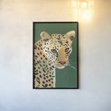 Colorful Cheetah on Emerald by Pamela Munger. shown as a paper print in a black flame. Available as a archival giclee rolled canvas, fine art paper, or poster print. SKU 76923h.