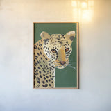 Colorful Cheetah on Emerald by Pamela Munger. shown as a paper print in a natural frame. Available as a archival giclee rolled canvas, fine art paper, or poster print. SKU 76923h.
