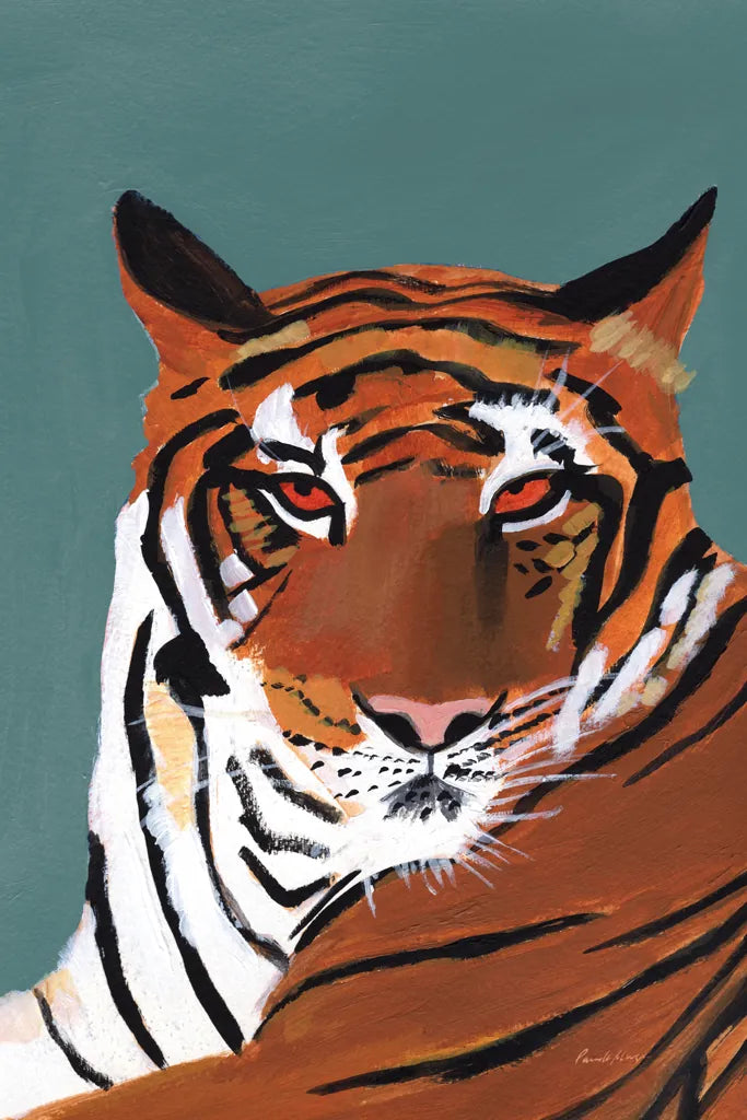 Colorful Tiger on Teal by Pamela Munger. SKU 72817h. Archival Giclee Fine art print for wall decor.