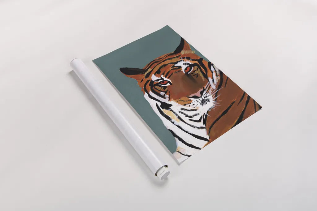 Colorful Tiger on Teal by Pamela Munger. shown as a rolled paper print. Available as archival giclee rolled canvas, fine art paper, or poster print. SKU 72817h.