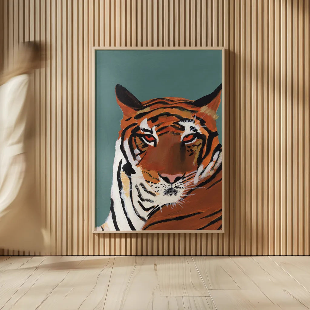 Colorful Tiger on Teal by Pamela Munger. shown as over sized large wall art. Available as an archival giclee rolled canvas, fine art paper, or poster print. SKU 72817h.