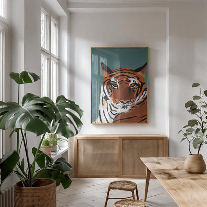 Colorful Tiger on Teal by Pamela Munger. shown as a print in a natural wood frame in a dining room. Available as a archival giclee rolled canvas, fine art paper, or poster print. SKU 72817h.