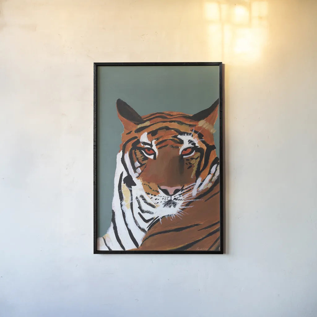Colorful Tiger on Teal by Pamela Munger. shown as a paper print in a black flame. Available as a archival giclee rolled canvas, fine art paper, or poster print. SKU 72817h.