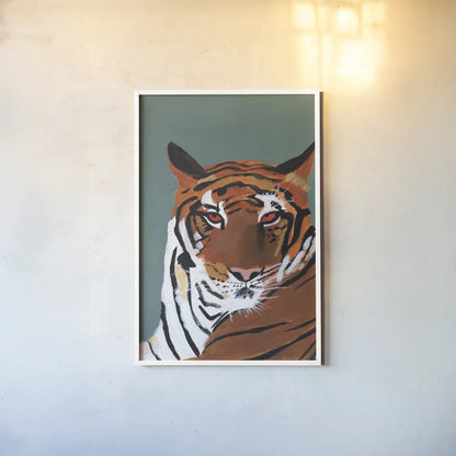 Colorful Tiger on Teal by Pamela Munger. shown as a paper print in a white frame. Available as a archival giclee rolled canvas, fine art paper, or poster print. SKU 72817h.