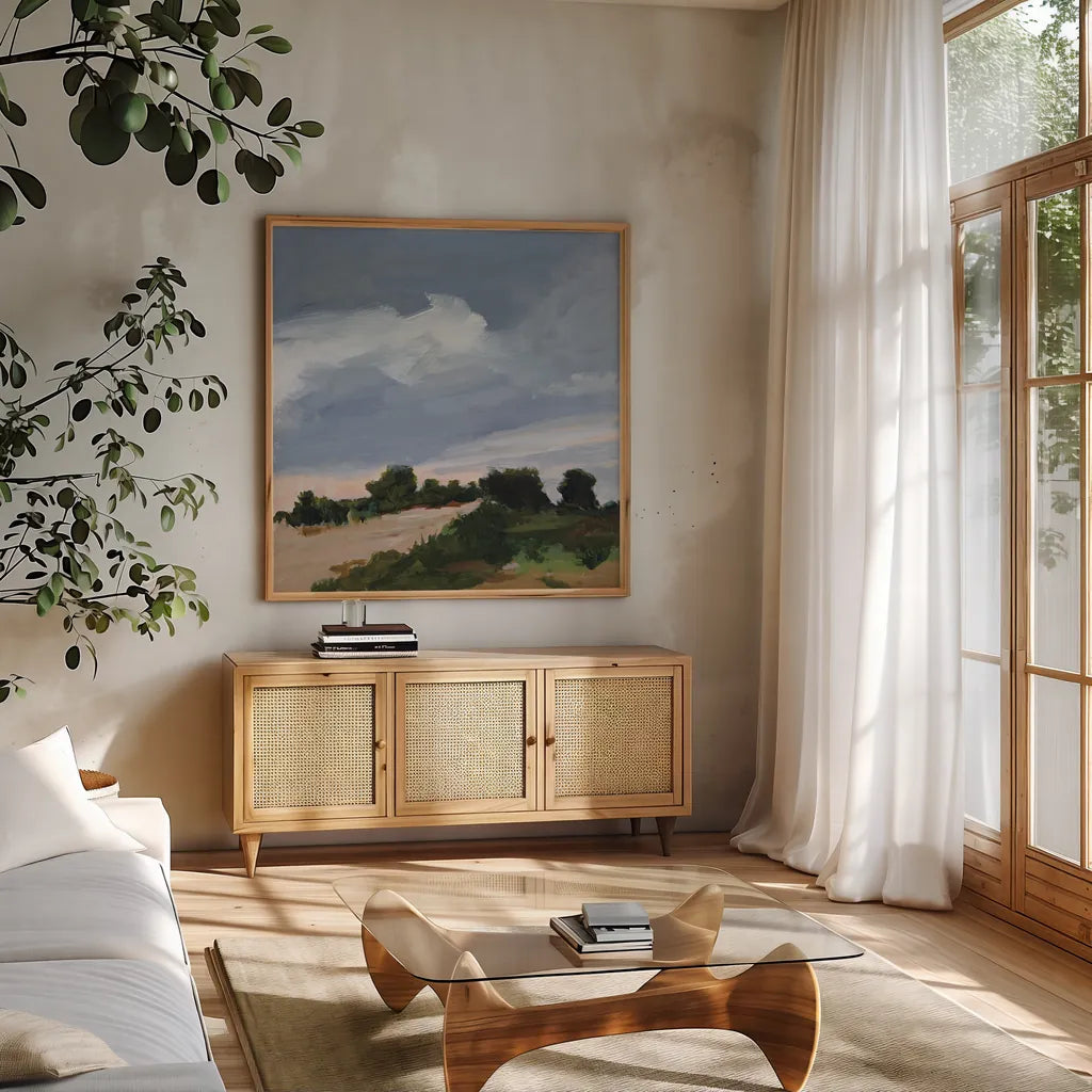 Darkening by Pamela Munger. Shown in a natural wood frame in a cozy modern living room. Available as an archival giclee rolled canvas, fine art paper, or poster print. SKU 88433a.