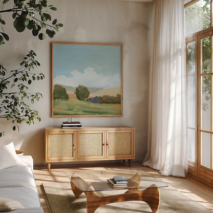 Early Spring by Pamela Munger. Shown in a natural wood frame in a cozy modern living room. Available as an archival giclee rolled canvas, fine art paper, or poster print. SKU 71507a.