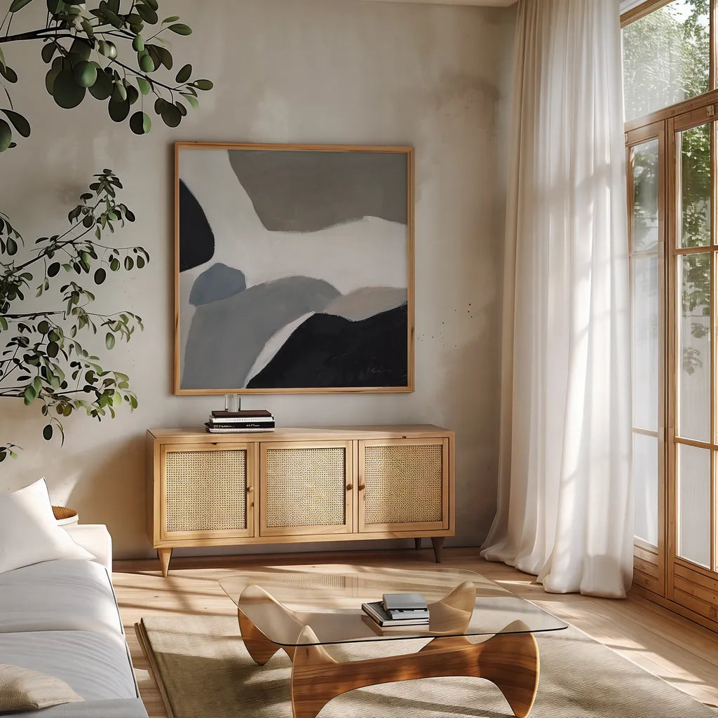 Faze by Pamela Munger. Shown in a natural wood frame in a cozy modern living room. Available as an archival giclee rolled canvas, fine art paper, or poster print. SKU 76902a.