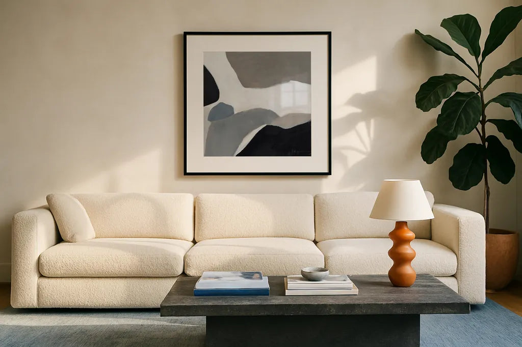 Faze by Pamela Munger. Displayed in a glass frame with matte in a clean modern living room. Available as an archival giclee rolled canvas, fine art paper, or poster print. SKU 76902a.