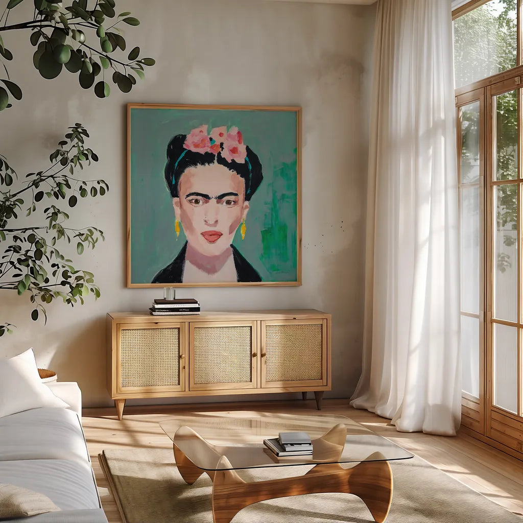 Frida by Pamela Munger. Shown in a natural wood frame in a cozy modern living room. Available as an archival giclee rolled canvas, fine art paper, or poster print. SKU 70542a.