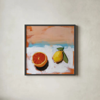 Fruit and Cheer I by Pamela Munger. Shown in a sleek black glass frame for a contemporary gallery look. Available as an archival giclee rolled canvas, fine art paper, or poster print. SKU 68965a.