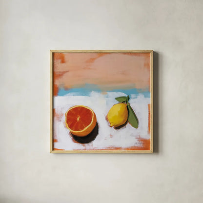 Fruit and Cheer I by Pamela Munger. Shown in a natural wood glass frame for a timeless modern aesthetic. Available as an archival giclee rolled canvas, fine art paper, or poster print. SKU 68965a.
