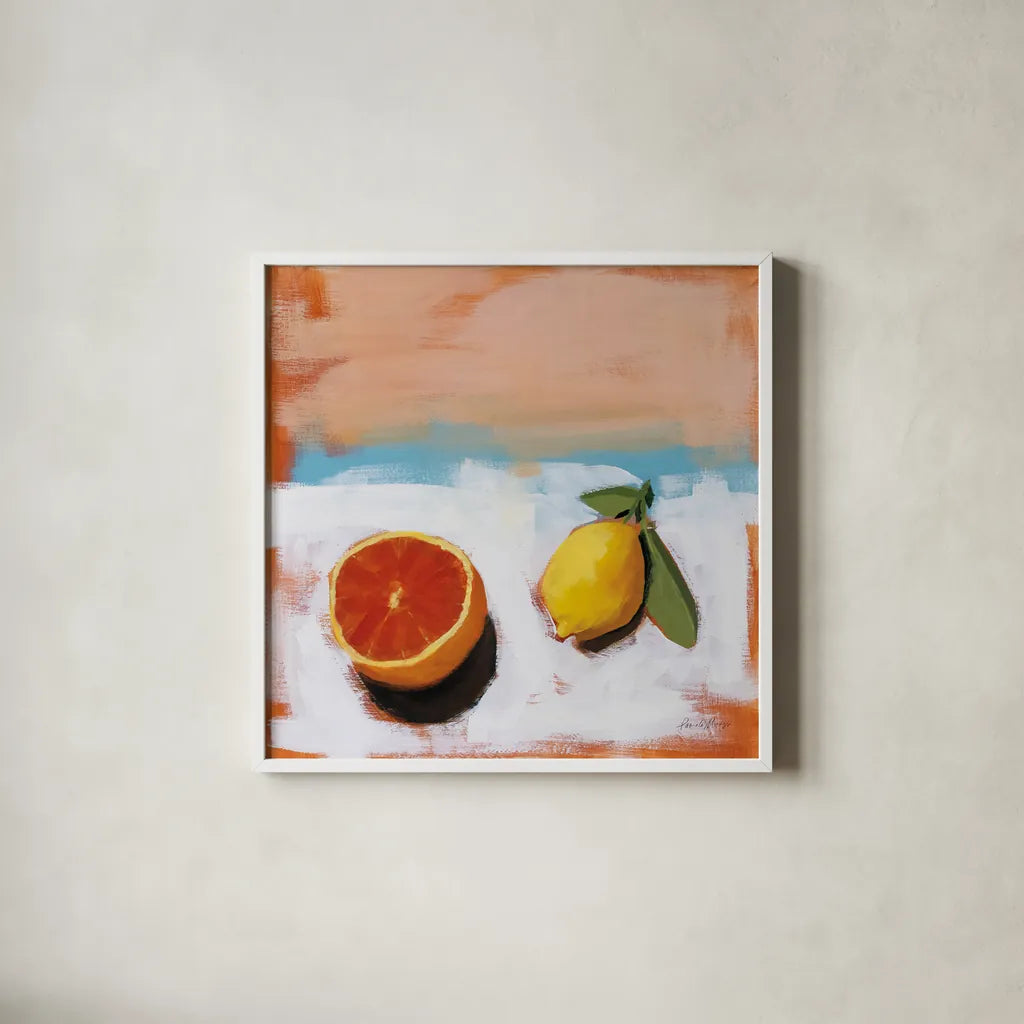 Fruit and Cheer I by Pamela Munger. Shown in a crisp white glass frame for a clean and minimalist style. Available as an archival giclee rolled canvas, fine art paper, or poster print. SKU 68965a.
