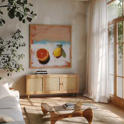 Fruit and Cheer I by Pamela Munger. Shown in a natural wood frame in a cozy modern living room. Available as an archival giclee rolled canvas, fine art paper, or poster print. SKU 68965a.
