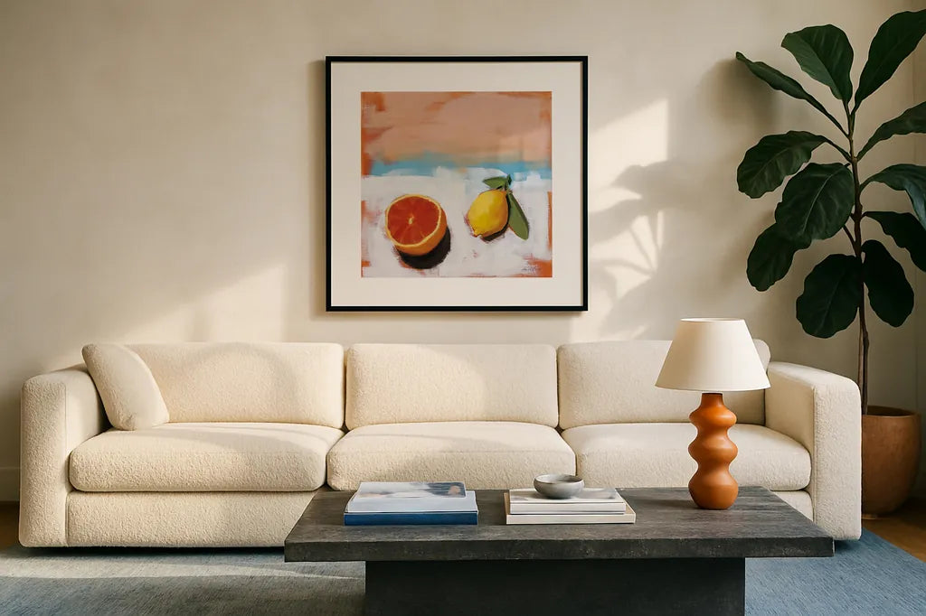 Fruit and Cheer I by Pamela Munger. Displayed in a glass frame with matte in a clean modern living room. Available as an archival giclee rolled canvas, fine art paper, or poster print. SKU 68965a.