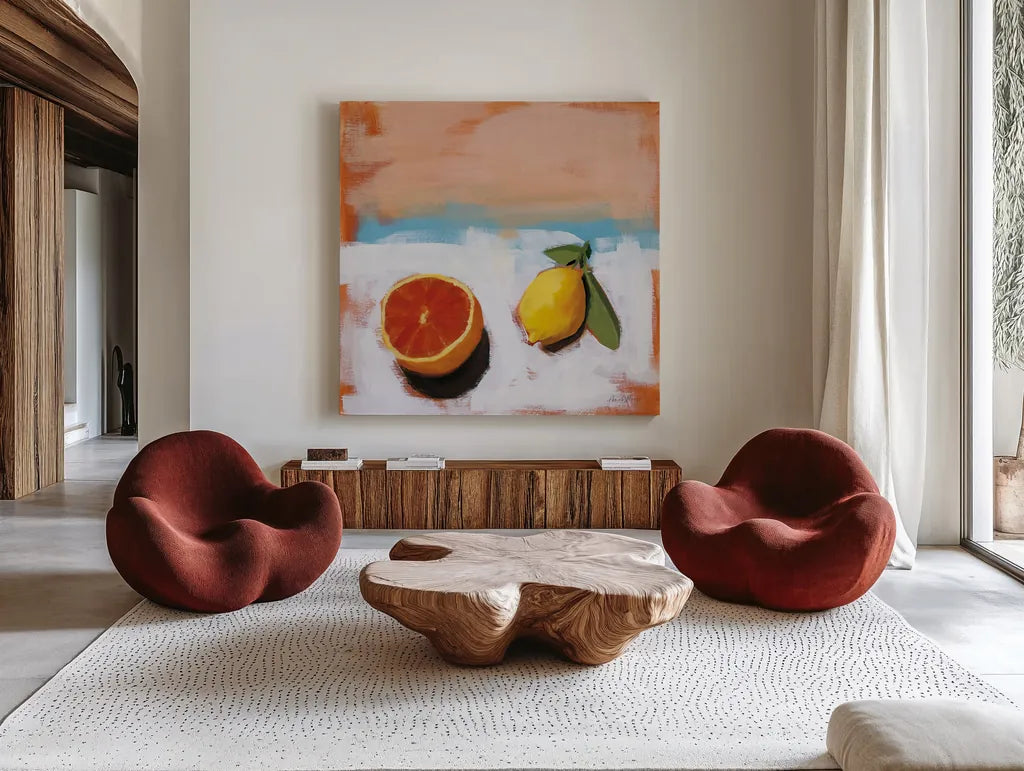 Fruit and Cheer I by Pamela Munger. Shown as extra-large giant wall art in a modern living room. Available as an archival giclee rolled canvas, fine art paper, or poster print. SKU 68965a.