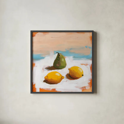 Fruit and Cheer II by Pamela Munger. Shown in a sleek black glass frame for a contemporary gallery look. Available as an archival giclee rolled canvas, fine art paper, or poster print. SKU 68966a.