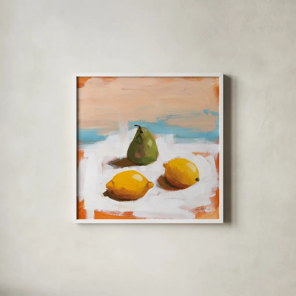 Fruit and Cheer II by Pamela Munger. Shown in a crisp white glass frame for a clean and minimalist style. Available as an archival giclee rolled canvas, fine art paper, or poster print. SKU 68966a.