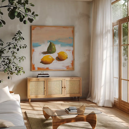 Fruit and Cheer II by Pamela Munger. Shown in a natural wood frame in a cozy modern living room. Available as an archival giclee rolled canvas, fine art paper, or poster print. SKU 68966a.