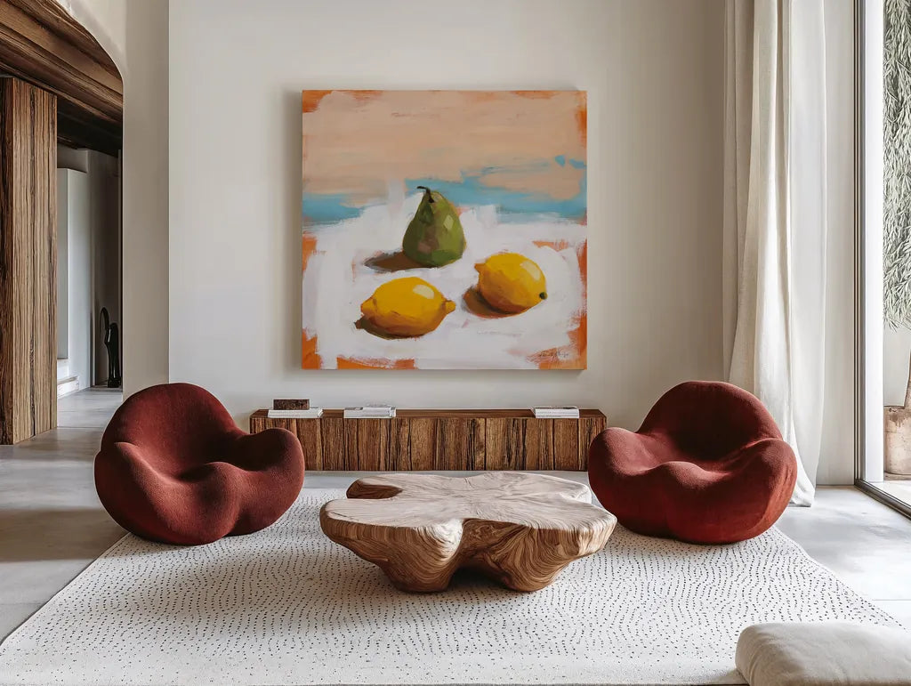 Fruit and Cheer II by Pamela Munger. Shown as extra-large giant wall art in a modern living room. Available as an archival giclee rolled canvas, fine art paper, or poster print. SKU 68966a.