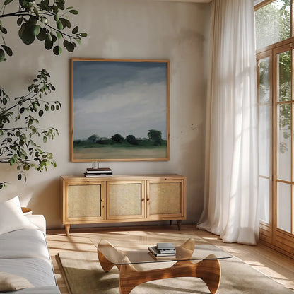 Gray Over Green by Pamela Munger. Shown in a natural wood frame in a cozy modern living room. Available as an archival giclee rolled canvas, fine art paper, or poster print. SKU 76299a.