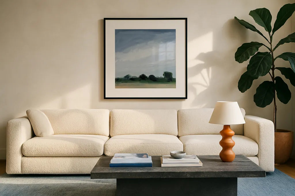 Gray Over Green by Pamela Munger. Displayed in a glass frame with matte in a clean modern living room. Available as an archival giclee rolled canvas, fine art paper, or poster print. SKU 76299a.