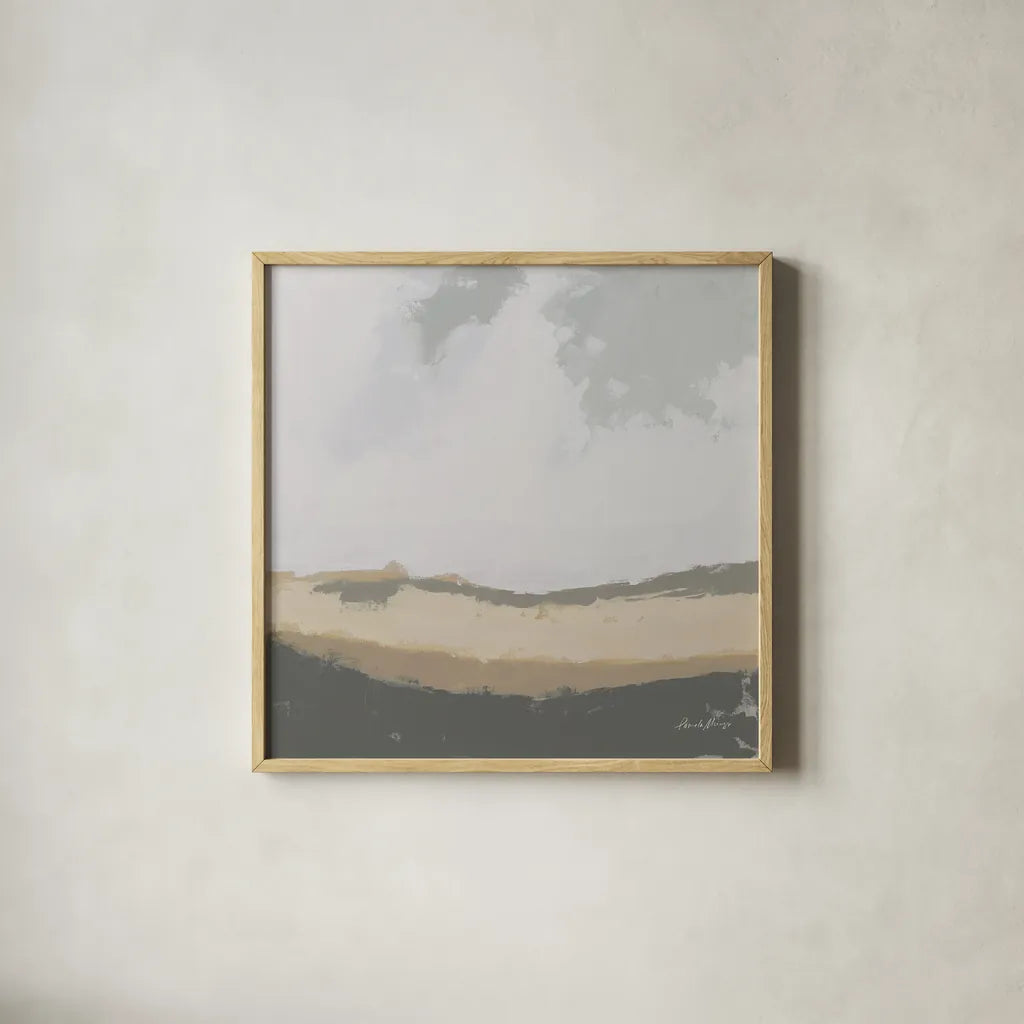 Hills Beyond Hills Neutral by Pamela Munger. Shown in a natural wood glass frame for a timeless modern aesthetic. Available as an archival giclee rolled canvas, fine art paper, or poster print. SKU 73947a.