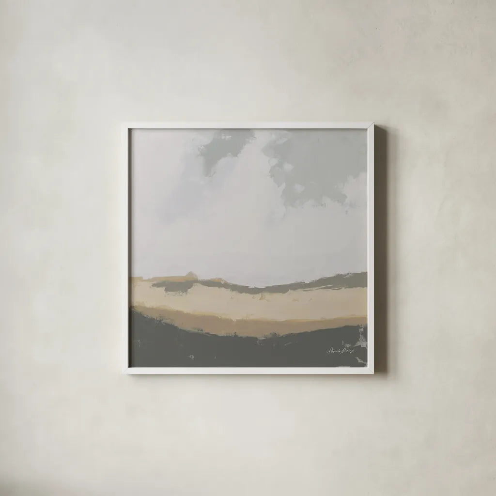 Hills Beyond Hills Neutral by Pamela Munger. Shown in a crisp white glass frame for a clean and minimalist style. Available as an archival giclee rolled canvas, fine art paper, or poster print. SKU 73947a.