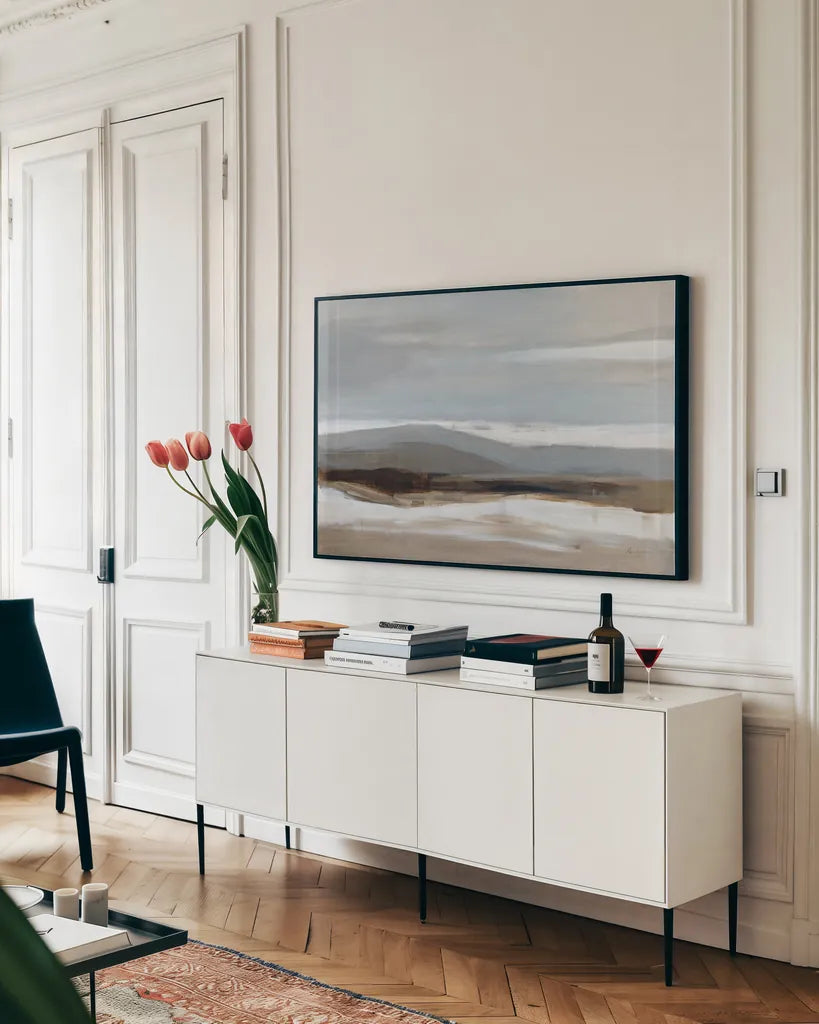 January Landscape by Pamela Munger. shown as a framed stretched canvas in a living room above a console. Available as a archival giclee rolled canvas, fine art paper, or poster print. SKU 69669i.