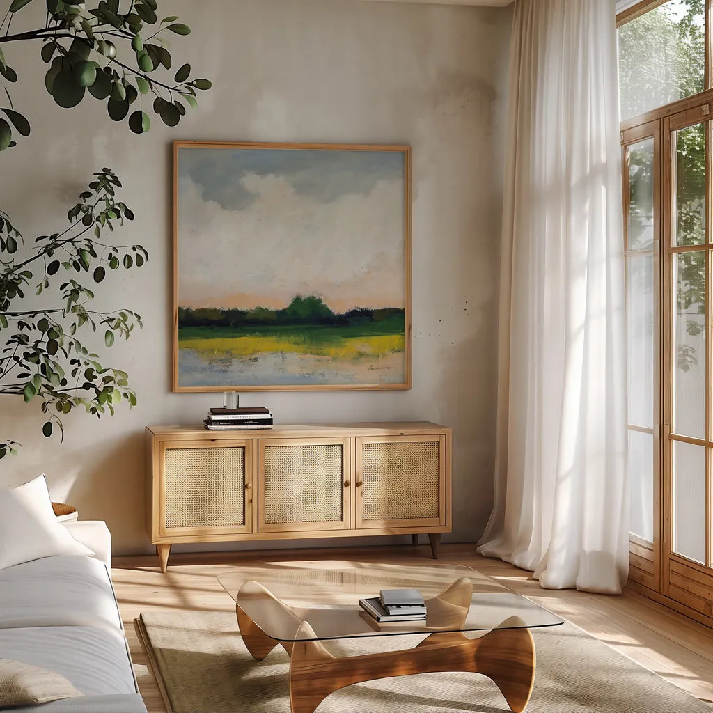July Morning by Pamela Munger. Shown in a natural wood frame in a cozy modern living room. Available as an archival giclee rolled canvas, fine art paper, or poster print. SKU 80784a.