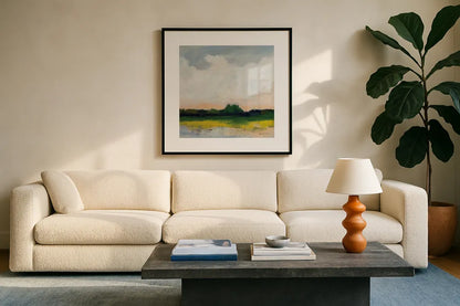 July Morning by Pamela Munger. Displayed in a glass frame with matte in a clean modern living room. Available as an archival giclee rolled canvas, fine art paper, or poster print. SKU 80784a.