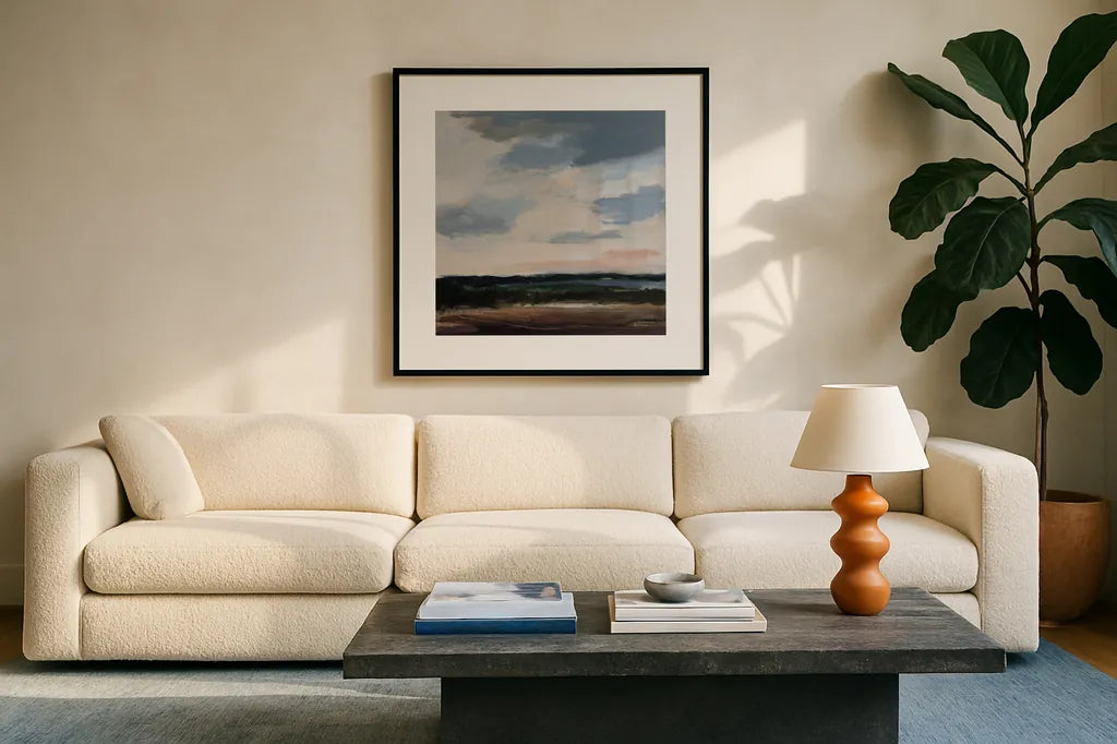 June Light by Pamela Munger. Displayed in a glass frame with matte in a clean modern living room. Available as an archival giclee rolled canvas, fine art paper, or poster print. SKU 92550a.