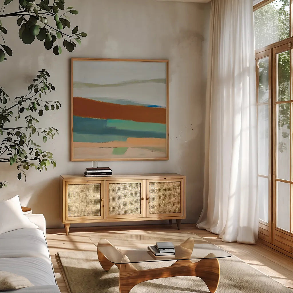 Laid Back by Pamela Munger. Shown in a natural wood frame in a cozy modern living room. Available as an archival giclee rolled canvas, fine art paper, or poster print. SKU 73715a.