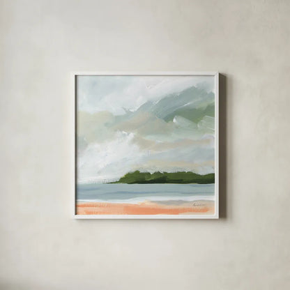 Lake Beach by Pamela Munger. Shown in a crisp white glass frame for a clean and minimalist style. Available as an archival giclee rolled canvas, fine art paper, or poster print. SKU 79480a.