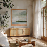 Lake Beach by Pamela Munger. Shown in a natural wood frame in a cozy modern living room. Available as an archival giclee rolled canvas, fine art paper, or poster print. SKU 79480a.