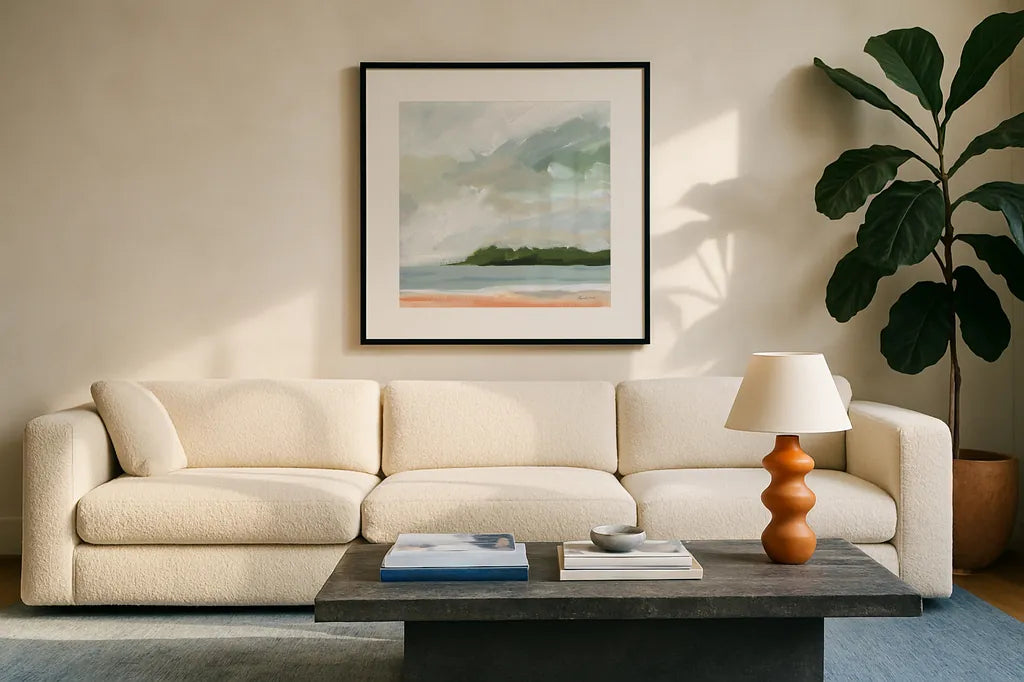 Lake Beach by Pamela Munger. Displayed in a glass frame with matte in a clean modern living room. Available as an archival giclee rolled canvas, fine art paper, or poster print. SKU 79480a.
