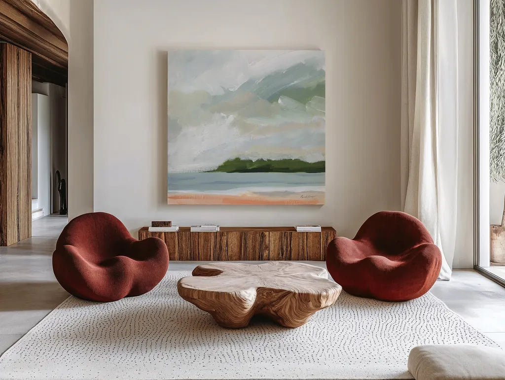Lake Beach by Pamela Munger. Shown as extra-large giant wall art in a modern living room. Available as an archival giclee rolled canvas, fine art paper, or poster print. SKU 79480a.