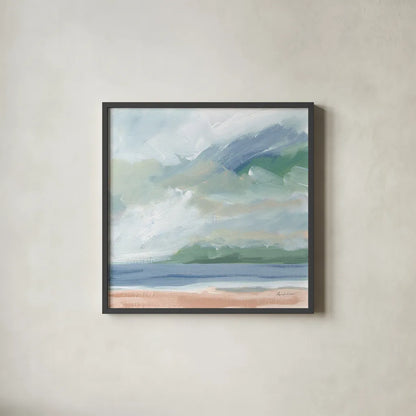 Lake Beach Blue by Pamela Munger. Shown in a sleek black glass frame for a contemporary gallery look. Available as an archival giclee rolled canvas, fine art paper, or poster print. SKU 88129a.