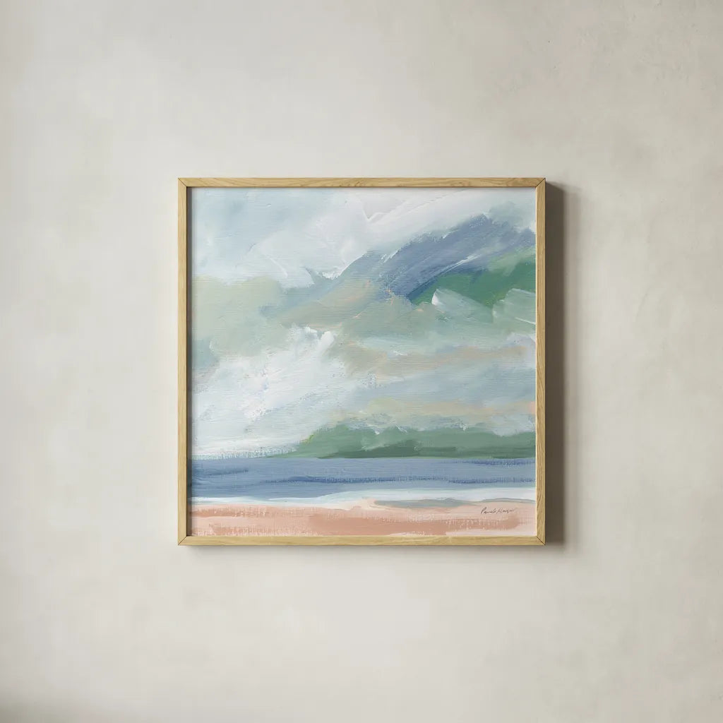 Lake Beach Blue by Pamela Munger. Shown in a natural wood glass frame for a timeless modern aesthetic. Available as an archival giclee rolled canvas, fine art paper, or poster print. SKU 88129a.
