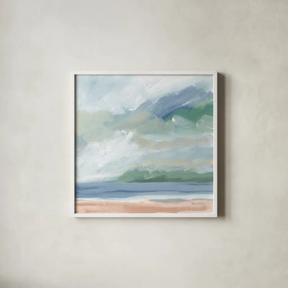 Lake Beach Blue by Pamela Munger. Shown in a crisp white glass frame for a clean and minimalist style. Available as an archival giclee rolled canvas, fine art paper, or poster print. SKU 88129a.