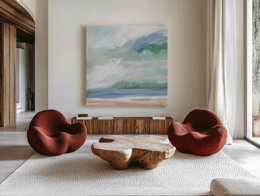 Lake Beach Blue by Pamela Munger. Shown as extra-large giant wall art in a modern living room. Available as an archival giclee rolled canvas, fine art paper, or poster print. SKU 88129a.