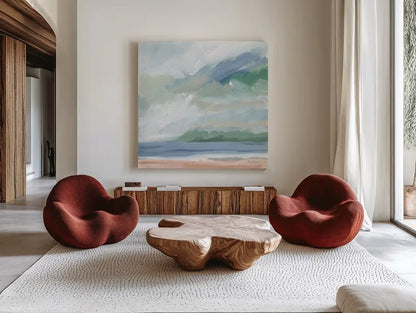 Lake Beach Blue by Pamela Munger. Shown as extra-large giant wall art in a modern living room. Available as an archival giclee rolled canvas, fine art paper, or poster print. SKU 88129a.