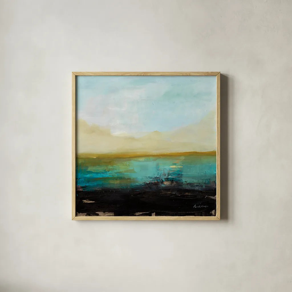 Landing by Pamela Munger. Shown in a natural wood glass frame for a timeless modern aesthetic. Available as an archival giclee rolled canvas, fine art paper, or poster print. SKU 80785a.